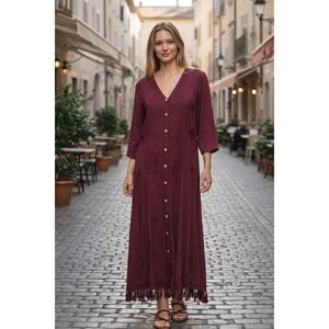 Arvanti 90s Burgundy Embroidered Rayon Maxi Dress Fringe Hem Boho Artsy Size M